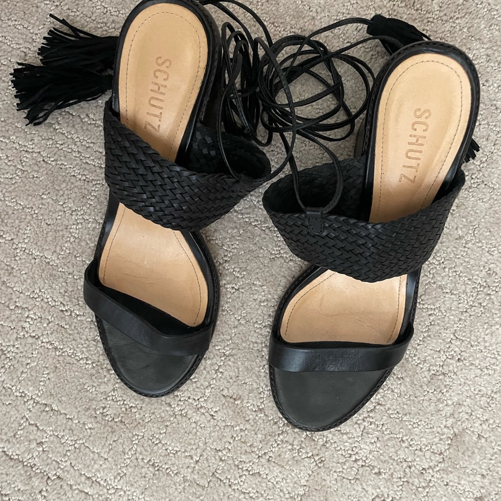 SCHUTZ Strappy Black Block Heel Sandals with Tassels - Picture 5 of 6